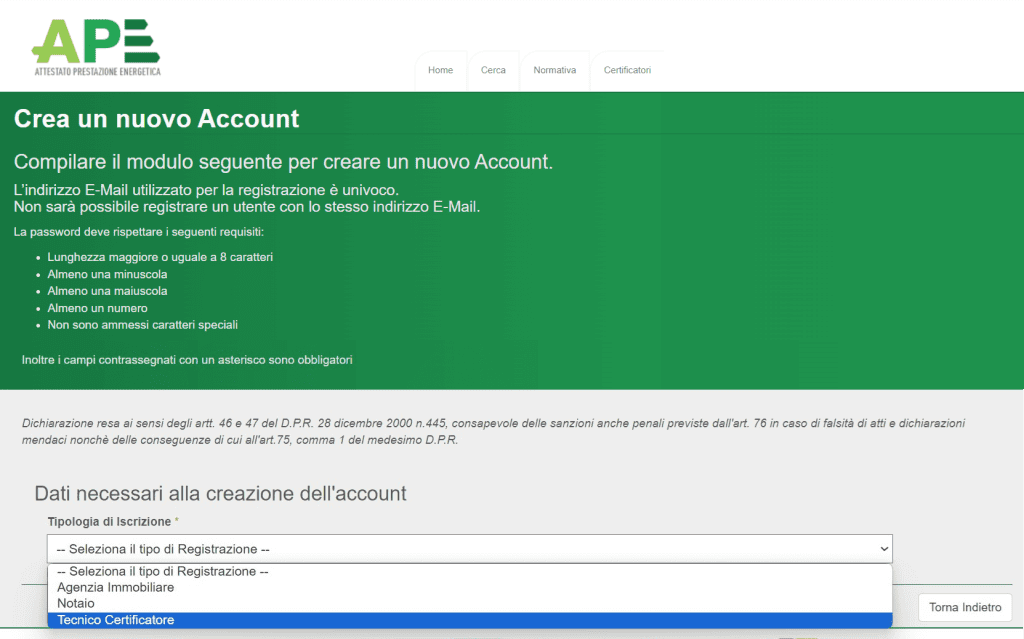 Portale APE - Regione Umbria - Nuovo account Certificatore
