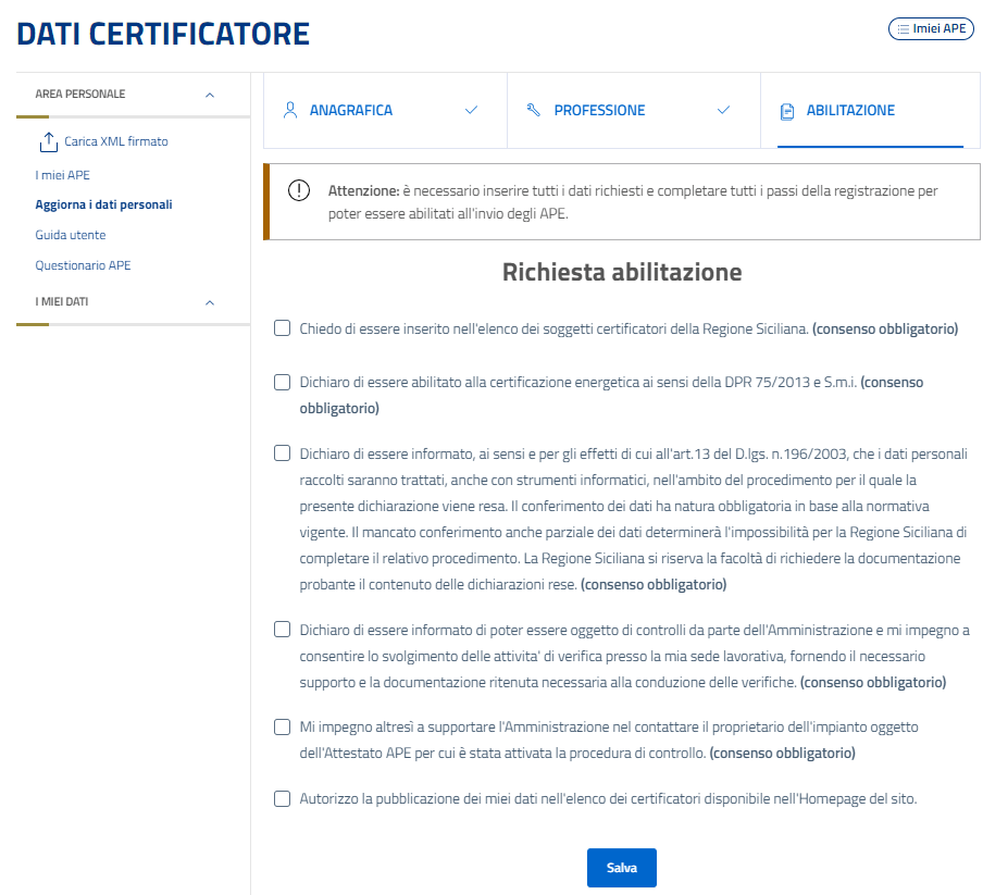 Sistema APE Sicilia - Registrazione nuovo Certificatore - Dati Abilitazione