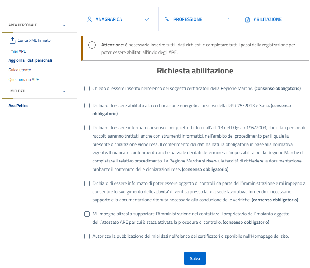 Sistema APE Marche - Dati abilitazione per Registrazione