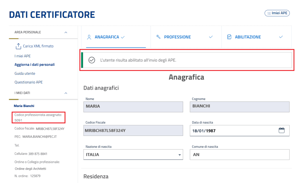 Sistema APE Sicilia - Abilitazione attivata e Codice Professionista