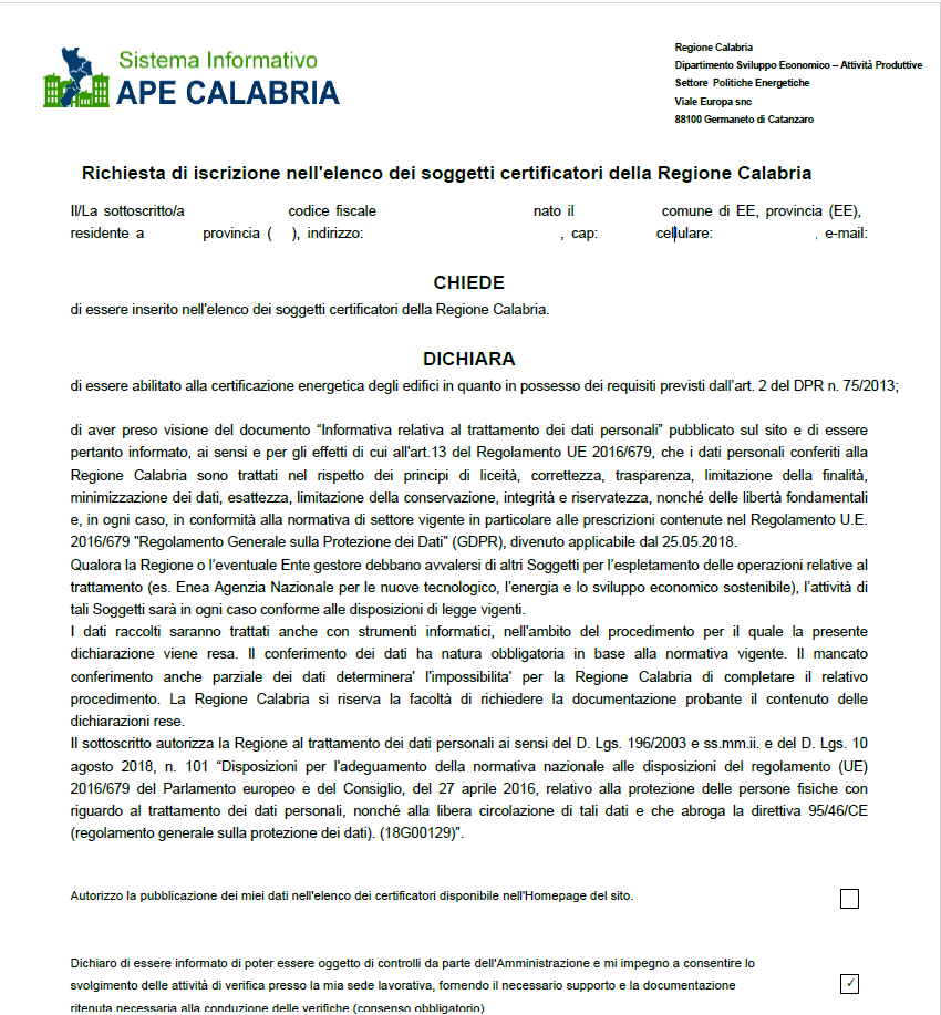 APE Calabria - Richiesta di iscrizione da firmare e ricaricare