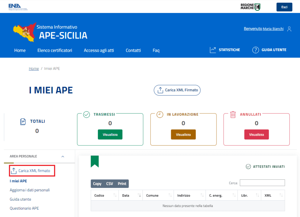 Sistema APE Sicilia - Carica XML firmato