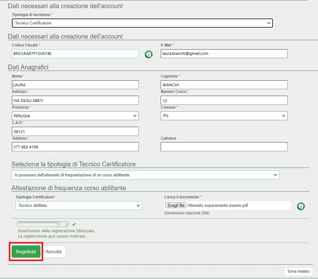 Portale APE - Regione Umbria - Dati Registrazione
