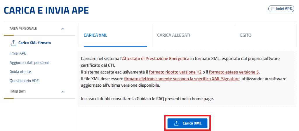 Sistema APE Sicilia - Caricamento XML nuovo APE