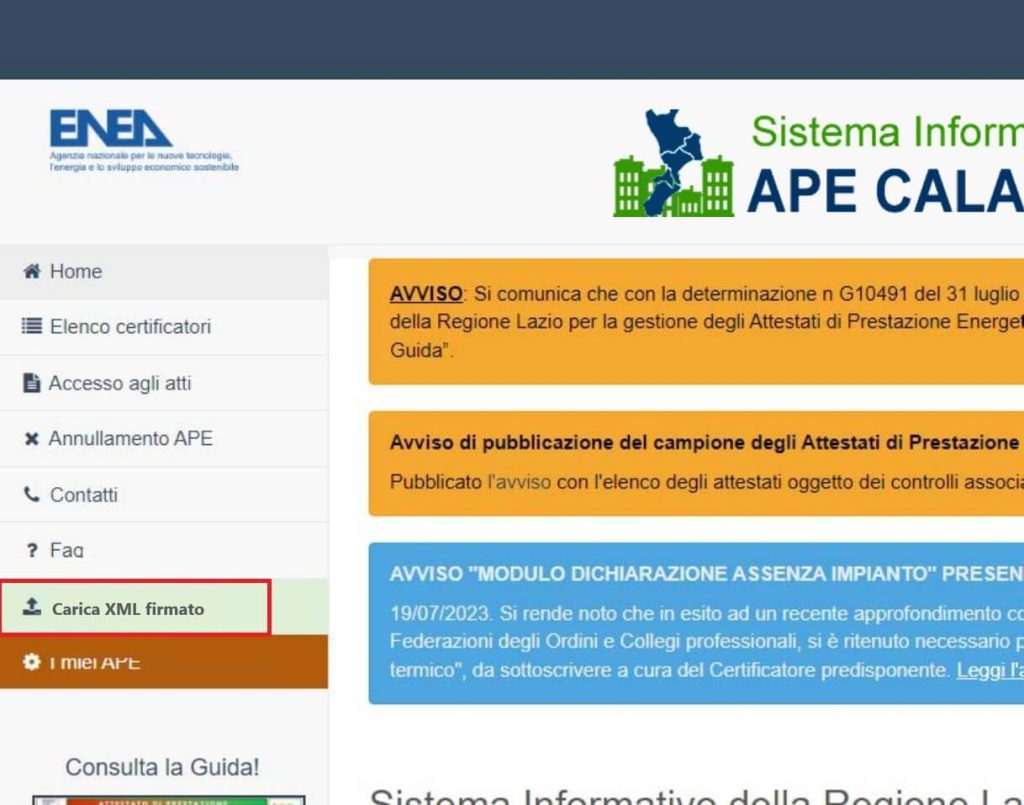 APE Calabria - Invio nuovo APE da XML