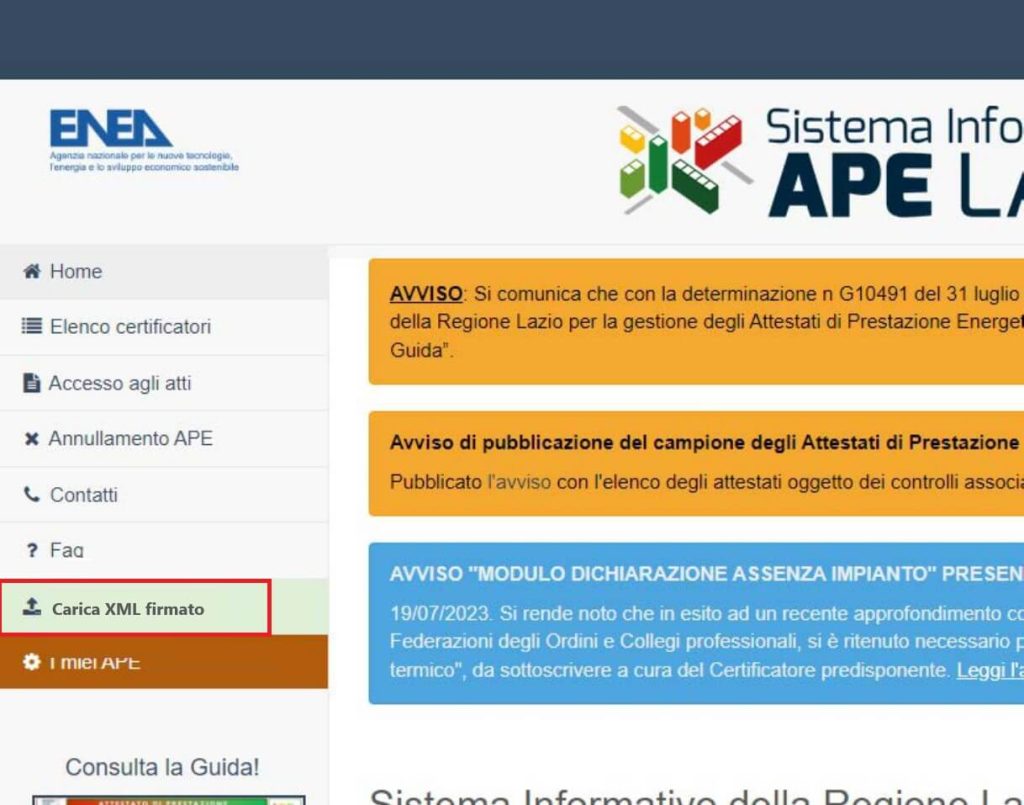 APE-Lazio - Registra nuovo certificato APE carica xml