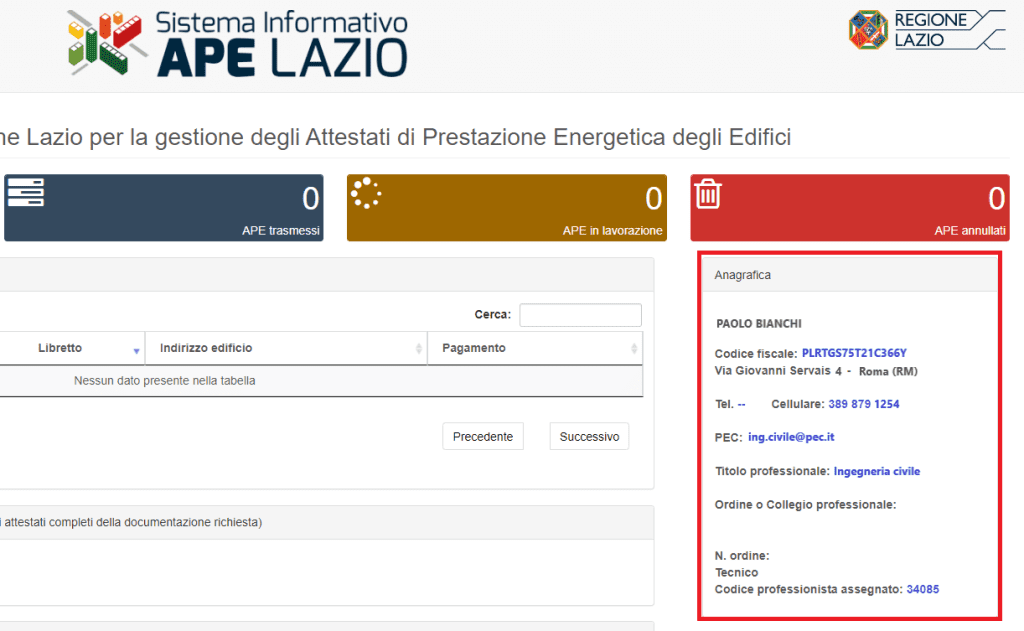 APE-Lazio - Dati del Tecnico Certificatore