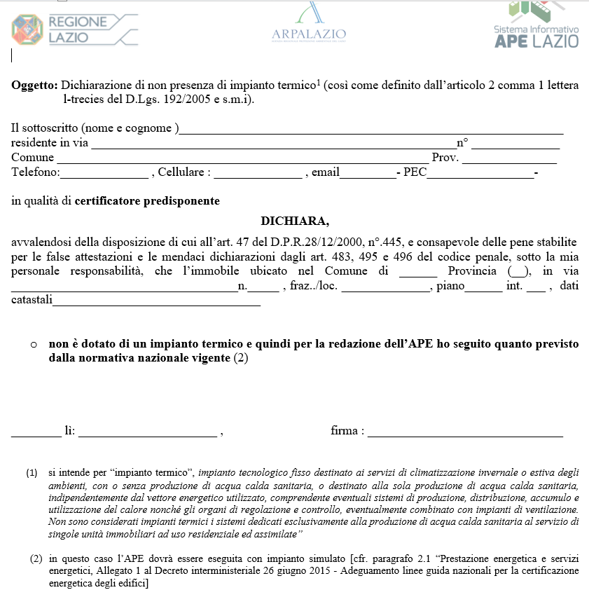 APE-Lazio - Dichiarazione di non presenza dell'impianto termico
