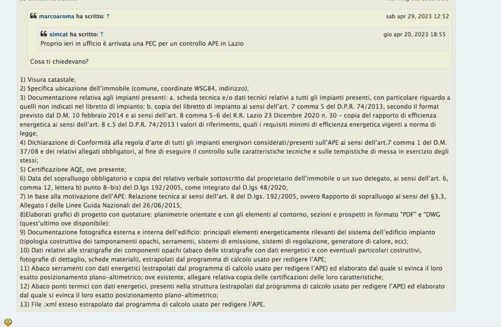 Dati richiesti in verifica APE nel Lazio