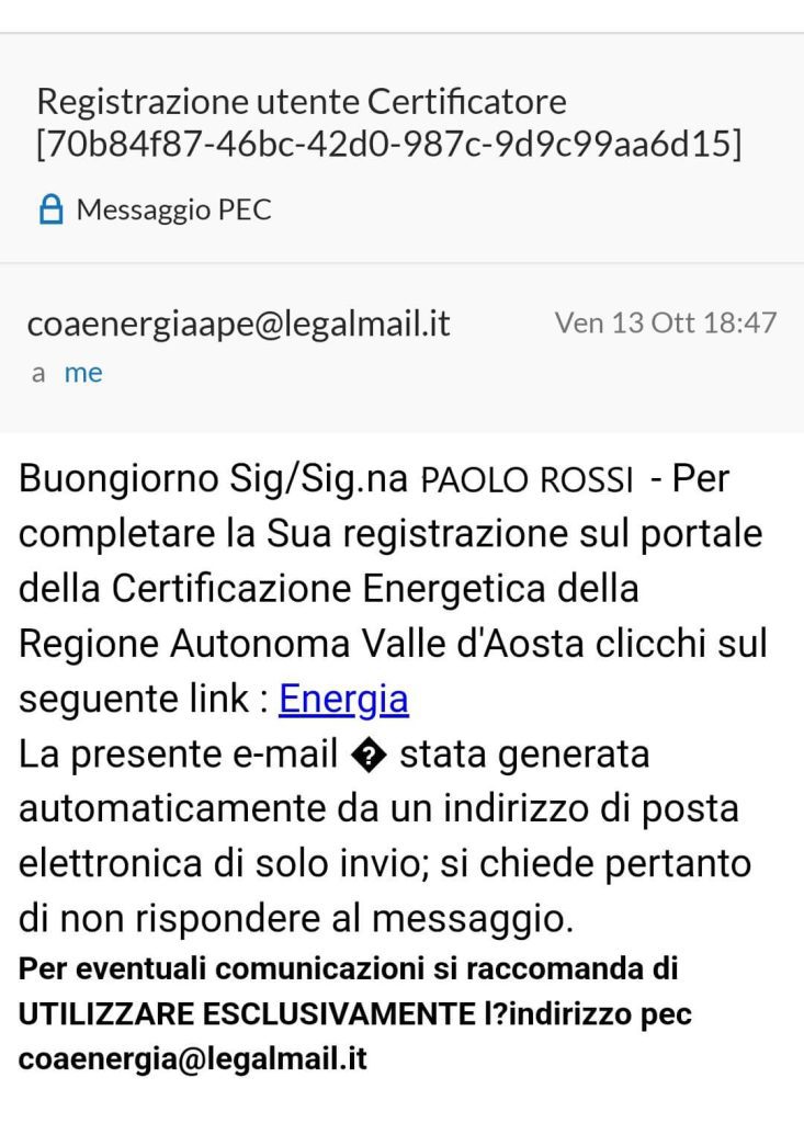 Beauclimat Valle D'Aosta - Completamento registrazione Certificatore via PEC