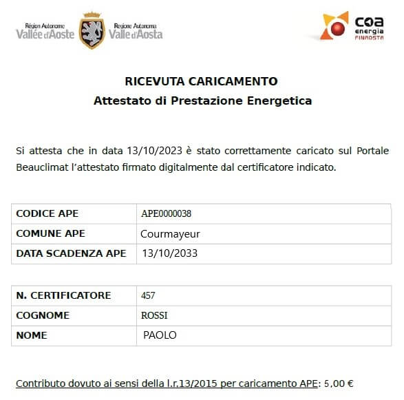 Beauclimat Valle D'Aosta - Ricevuta di caricamento APE