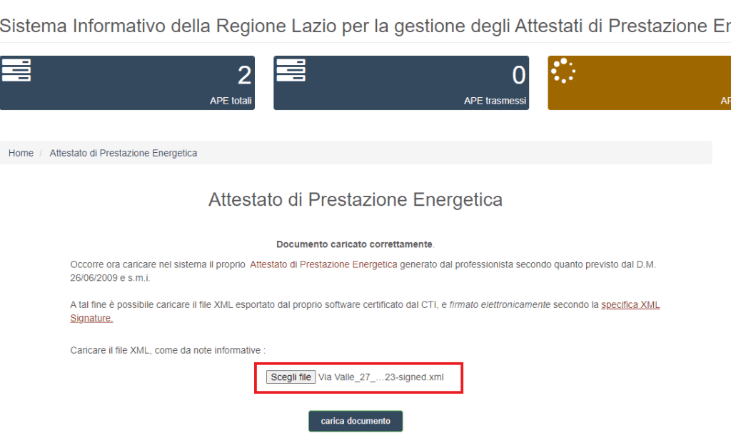 APE-Lazio - Caricamento APE xml firmato digitalmente