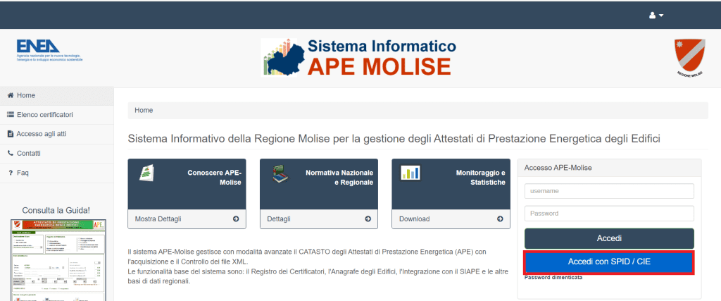 Sistema Informatico APE Molise - Accesso con SPID