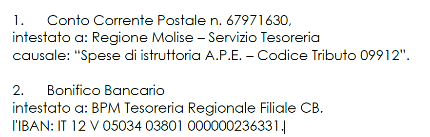 Sistema Informatico APE Molise - Coordinate bancarie