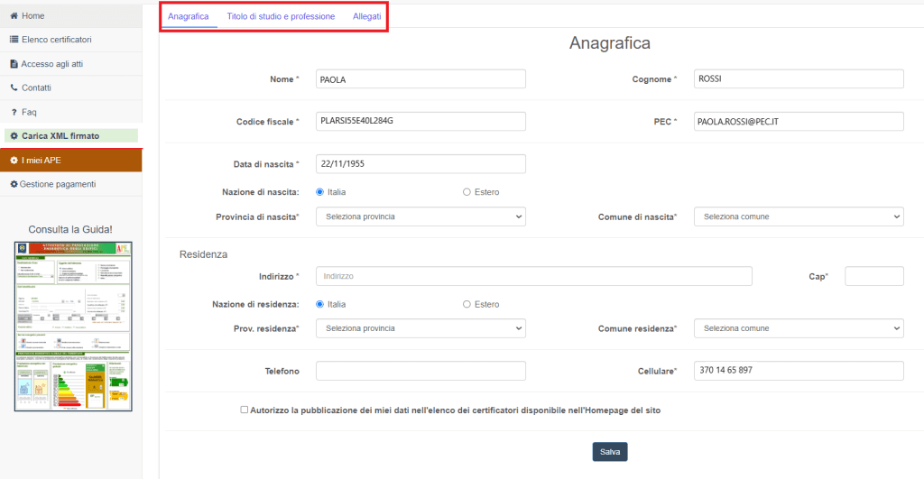 Sistema Informatico APE Molise - Anagrafica del Certificatore