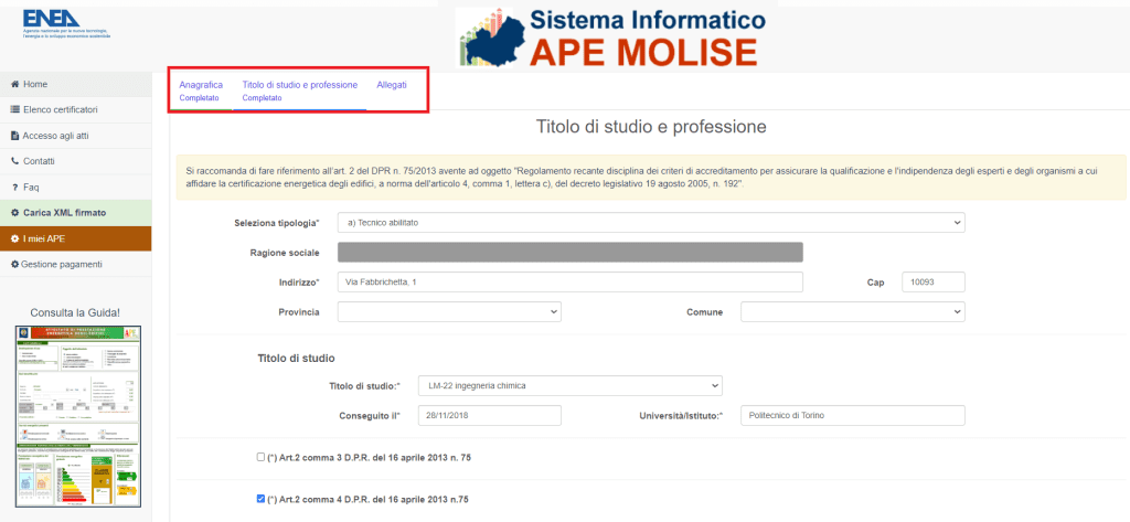 Sistema Informatico APE Molise - Titolo di studio del Certificatore