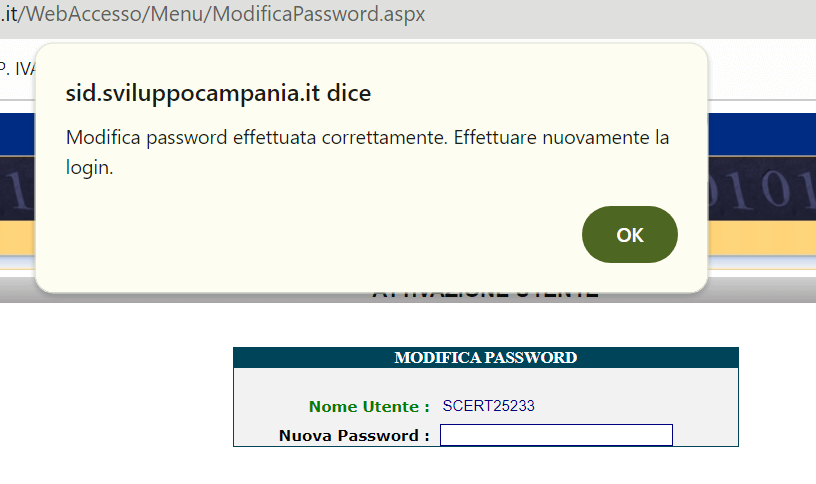 SID - Sviluppo Campania - Confermoa della modifica della password temporanea