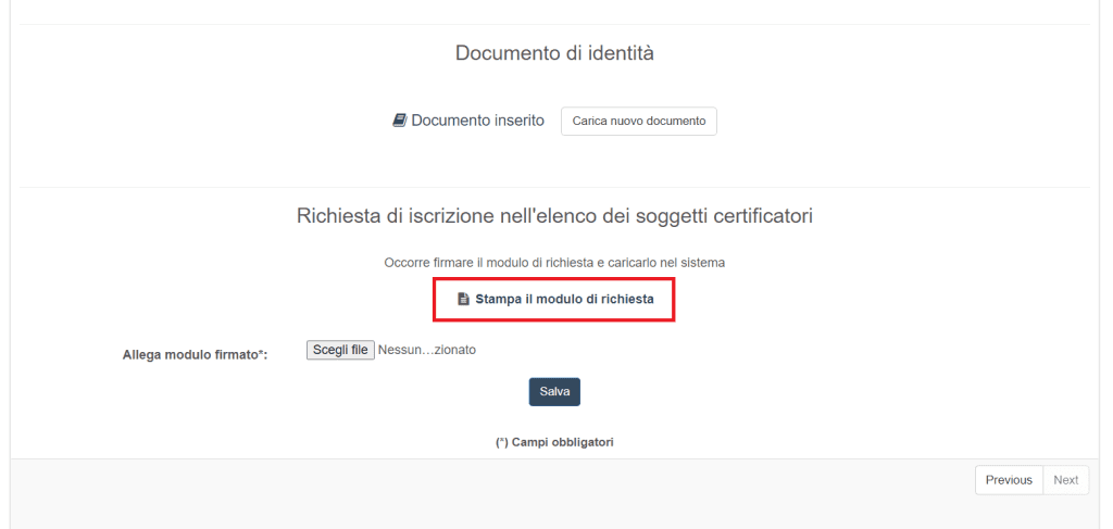 Sistema Informatico APE Molise - Stampa mpodulo Richiesta di Iscrizione Certificatore