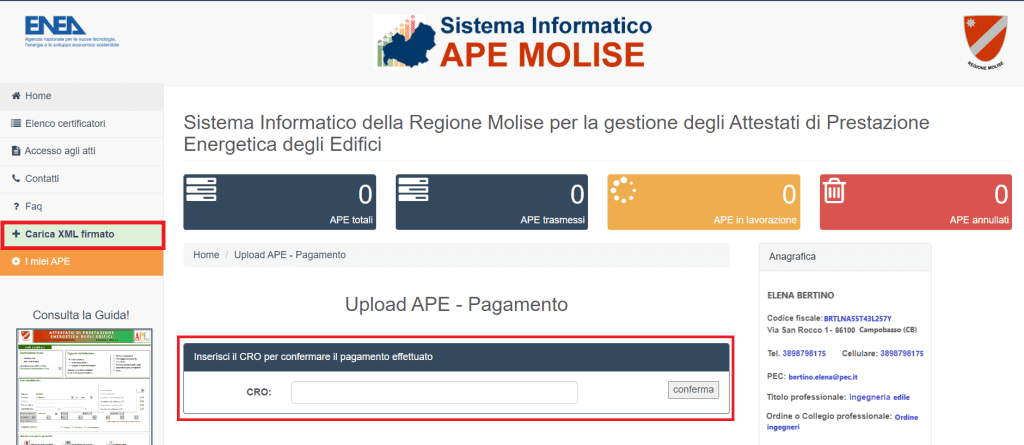 Sistema Informatico APE Molise - Conferma pagamento
