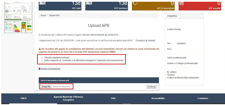 Sistema Informatico APE Molise - Carica Libretto di impianto e ultimo Rapporto efficienza energetica