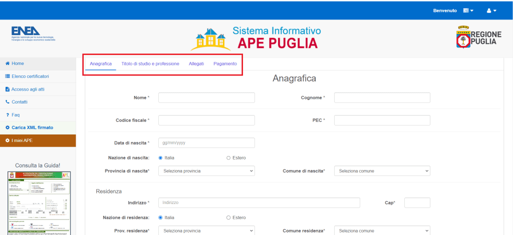 APE Puglia - Inserimento dati registrazione Anagrafica