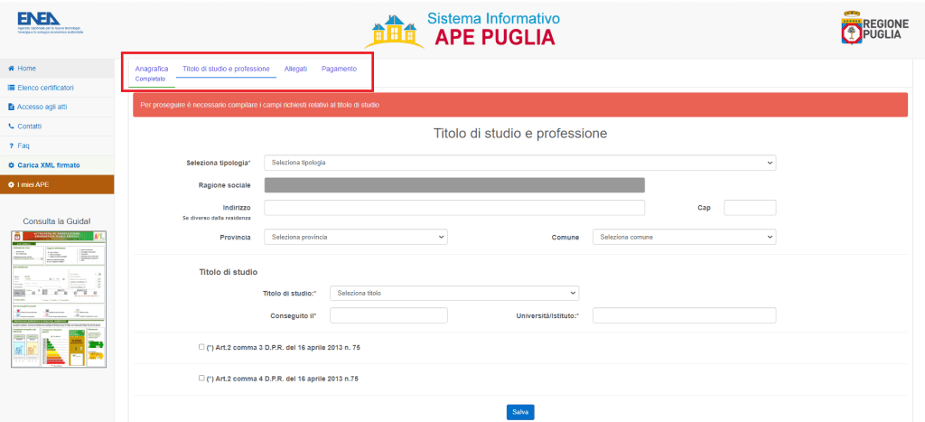 APE Puglia - Inserimento dati registrazione Professione