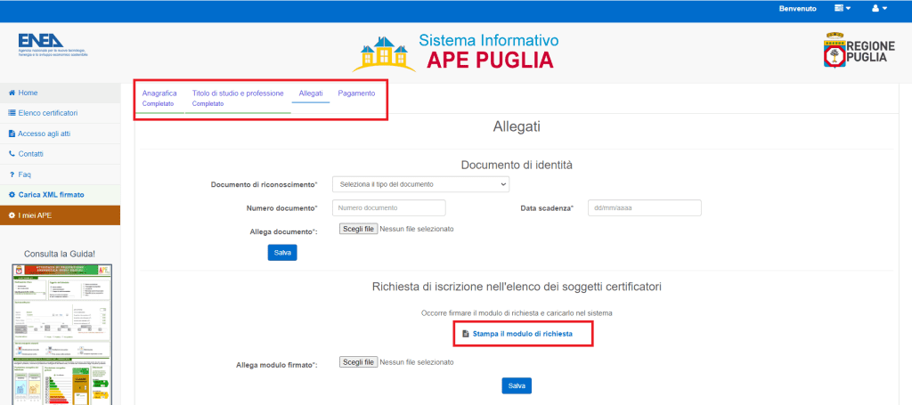 APE Puglia - Stampa Modulo di richiesta iscrizione