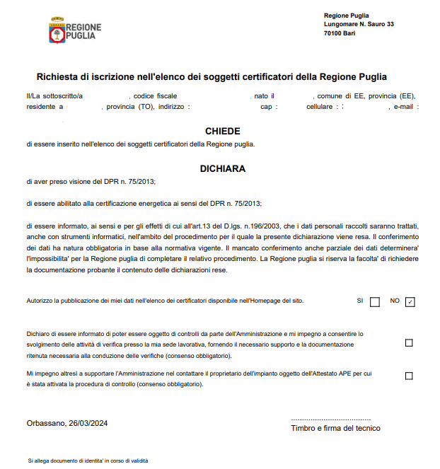 APE Puglia - Modulo di richiesta iscrizione