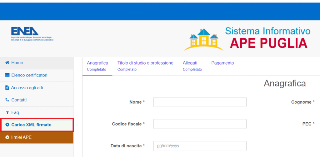 APE Puglia - Carica xml firmato