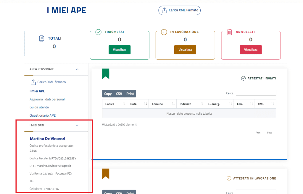 APE Basilicata - Dati Certificatore