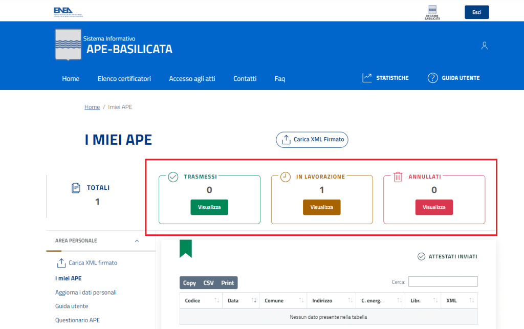 APE Basilicata - Informazioni stato APE