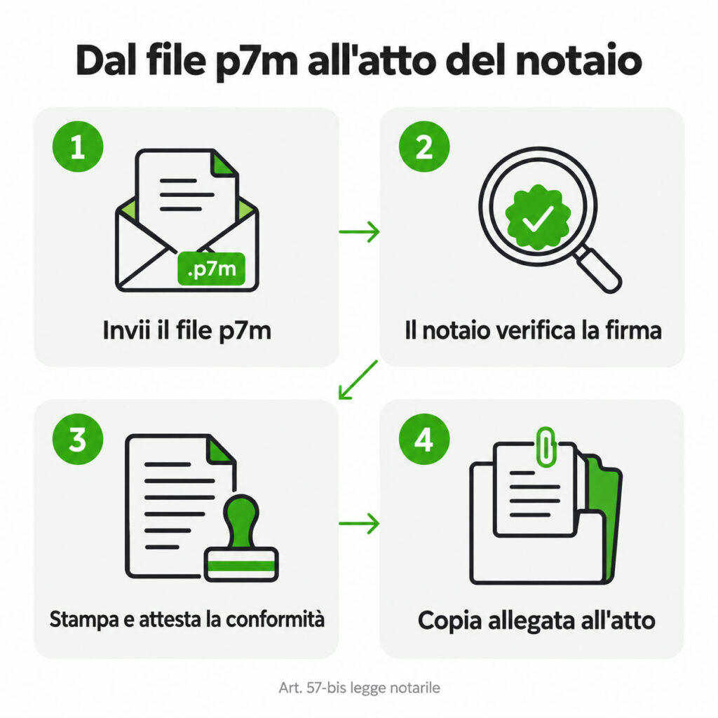 Schema in quattro passaggi: il cliente invia l'APE in formato p7m, il notaio verifica la firma digitale, stampa e attesta la conformità, la copia viene allegata all'atto